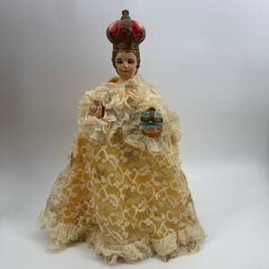 Infant Jesus Of Prague Vintage 12" Chalkware Statue Lace Gown Globus Cruciger